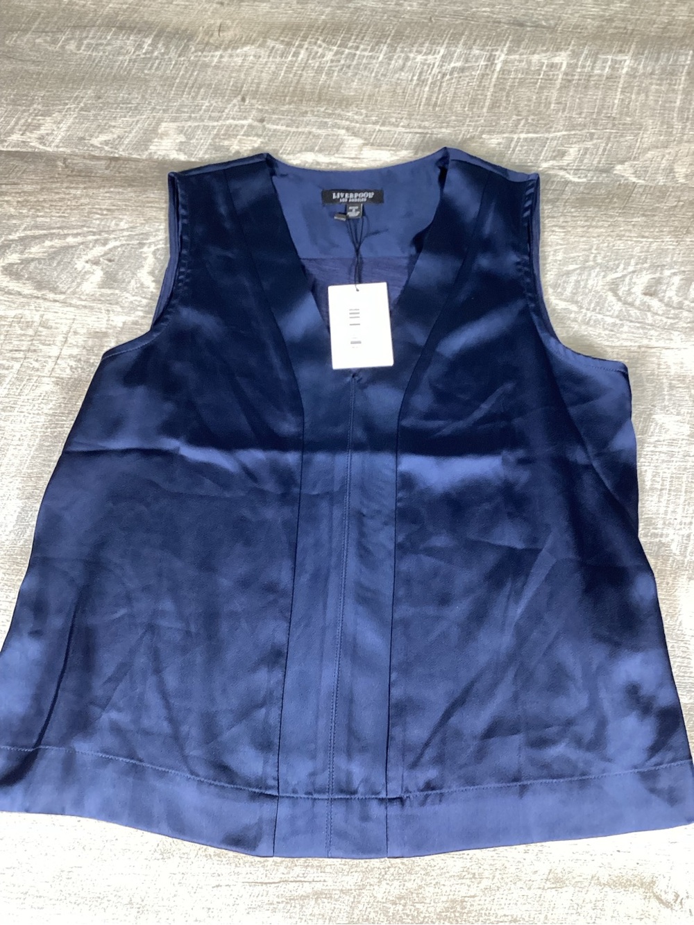Liverpool Los Angeles Satin Sleeveless Blouse Women’s Petite Small Navy Blue NWT